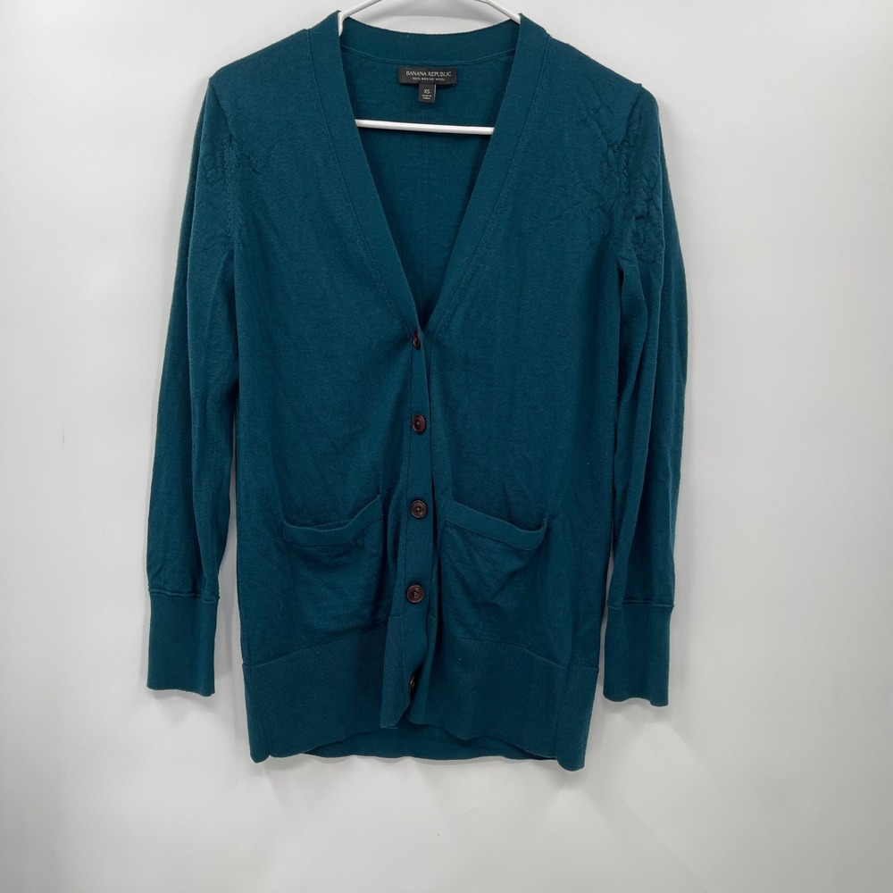Banana Republic Teal Green 100 Merino Wool Button Front Cardigan Sweater XS